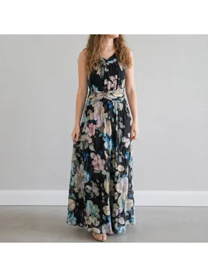 Adrianna Papell Black Floral Halter Maxi Dress Women 8 M thumbnail 2