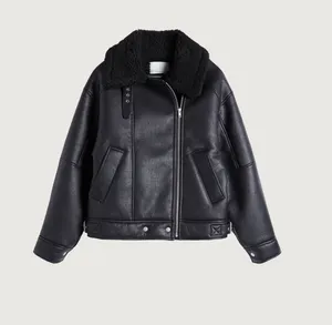 Oak + Fort Black Faux Leather Jacket with Shearling Collar thumbnail 1