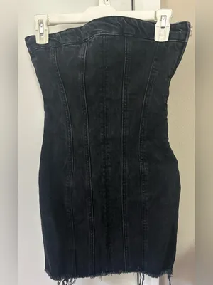 Zara Strapless Black Denim Mini Dress thumbnail 2