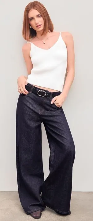 CIDER Womens Dark Indigo Mid Waist Wide Leg Denim Jeans Trousers Baggy Retro 90s thumbnail 1