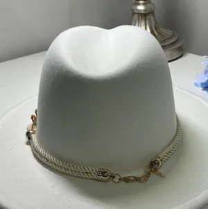 White Wide Brim Fedora Hat Rose Gold Chain Link Rope‎ Band Cotton Blend thumbnail 1