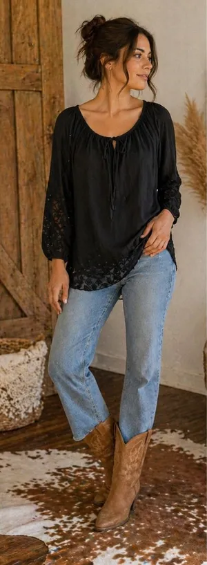 Roper Black Embroidered Peasant Blouse Long Sl‎ Boho Top Small Western Peasant thumbnail 1