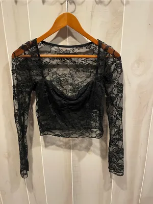 Source Unknown Cute black lace crop long sleeve sweetheart neck distressed top goth costume thumbnail 8