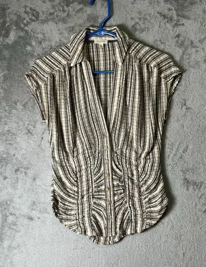 Pilcro Striped Button Front Pintuck Blouse Short Sleeve Tunic Top XXS Neutral thumbnail 1