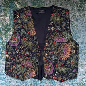 Vintage Match-Ups cotton batik beaded floral black boho vest, size large XL thumbnail 1