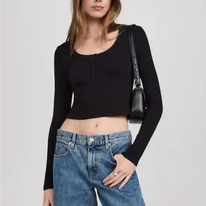 Reformation Billie Knit Top Ribbed Cropped Black Long Sleeve Medium $98 thumbnail 2