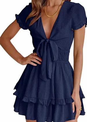 PRETTYGARDEN NEW Blue Casual V Neck Short Sleeve Tiered Mini Beach Vacation Dress 2X thumbnail 1