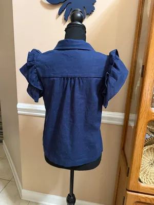 &Merci Navy Cutout Button-Front Ruffle Sleeve Shirt thumbnail 4