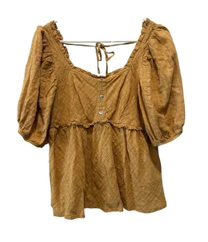 Mustard Peplum Crop Peasant Blouse with Puff Sleeves thumbnail 1