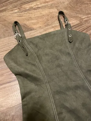 AUW Olive Green Faux Suede Mini Overall Dress with Silver Buckles Size Small thumbnail 4
