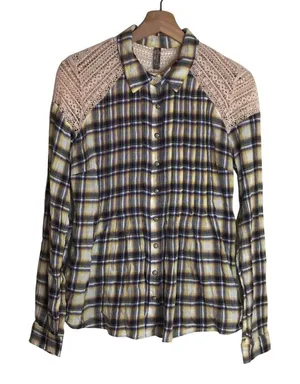 Free People Women's Flannel Plaid Crochet Lace Button Up Shirt Yellow Size XS thumbnail 1