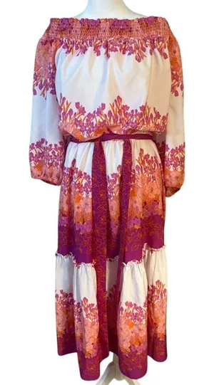 Maison‎ Tara Off the Shoulder Floral Print Tie Waist Midi Dress Plus Size 16W thumbnail 1