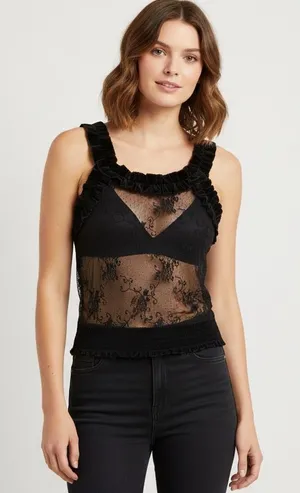 Urban Behavior Black Sheer lace Mesh Velvet Trim Y2K romantic Goth Clubwear M thumbnail 1