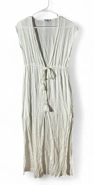 Blue Island White Rayon Gauze Tassel Drawstring Swim Cover Up Dress XS 7171-933‎ thumbnail 1