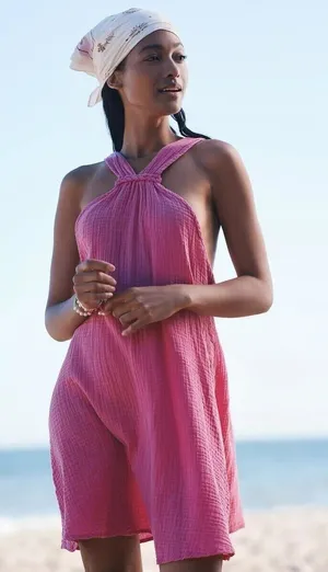 Anthropologie Pink Braided Halter Neck Sleeveless Mini Cami Beach Summer Dress S thumbnail 1