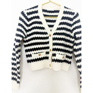 Anthropologie Line + Dot Laurel Cropped Knit Cardigan Size Small Black Striped thumbnail 11