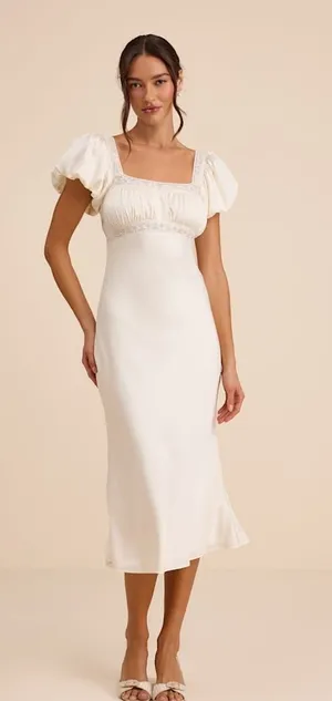 Lulus Catherine Ivory Satin Puff Sleeve Slip Midi Dress Romantic Cocktail L NWT thumbnail 1