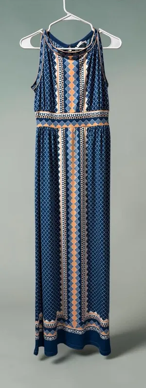 Blue Patterned Maxi Dress with Geometric Trim. Max Studio Size XS thumbnail 1
