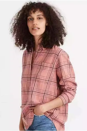 Madewell‎ Popover Flannel Long Sleeve Plaid Clay Pink Navy 1/4 Button Up Top XS thumbnail 1