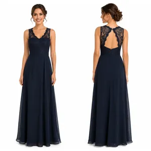 Azazie Navy Lace Chiffon Open Back Bridesmaid Formal Maxi Gown X Small thumbnail 2