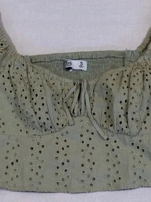 Hollister Puff Sleeve Smocked Eyelet Crop Top Sage Green Size Small S EUC thumbnail 1