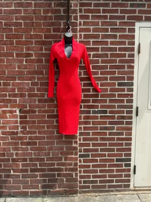 Red Ribbed Sweater Knit Bodycon Midi Dress Shawl Collar Long Sleeve Stretch thumbnail 2