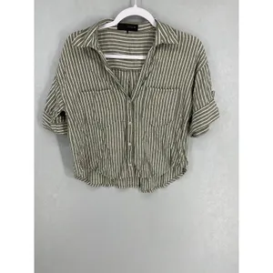 Zara Women Button Down Shirt Olive Green White Striped Cuffed Sleeve Size XS thumbnail 2