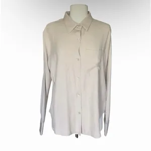 Beige Button Up Blouse Lightweight Relaxed Layering Shirt Women’s Medium thumbnail 2