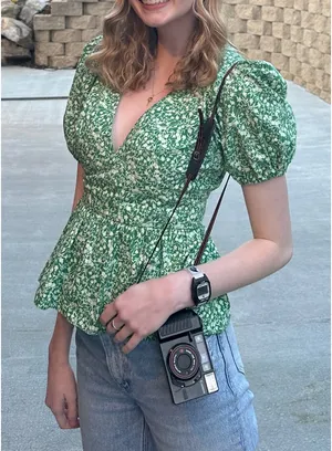 Topshop Green Floral Puff Sleeve V-Neck Blouse thumbnail 1