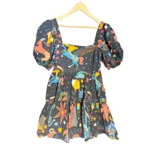 Farm Rio Zodiac Print Black Puff Sleeve Square Neck Babydoll Mini Dress Size M thumbnail 6