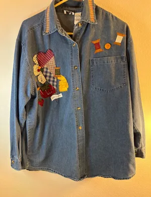 Vintage PTNY Love to Sew Denim Button Down Shirt Patchwork Embroidery Medium thumbnail 1