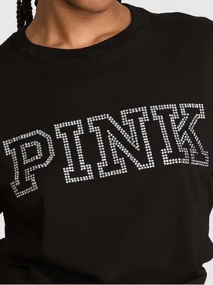 PINK Victoria's Secret Pure Black Bling Diamanté Logo Campus Short Sleeve Tee L thumbnail 2