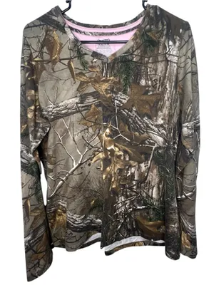 Realtree Camo V-Neck Long Sleeve Outdoor Hunting Shirt With Pink Trim thumbnail 1