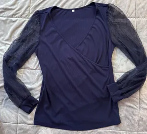 Women's Deep V-neck Cross Wrap Sexy Long Sleeve Blouse Large thumbnail 1