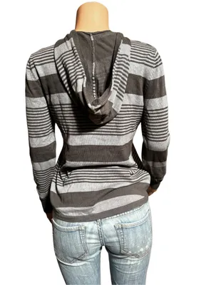 Long sleeve gray stripe half button Henley hoodie sweatshirt top M thumbnail 4