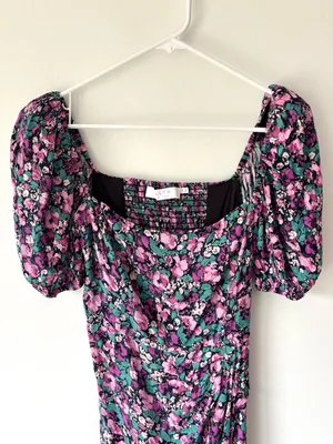 ASTR the Label Teal Purple Floral Puff Sleeve Midi Dress Ruched Slit Prairie thumbnail 4