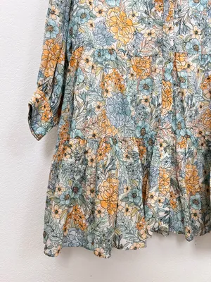 Magali‎ Pascal Blue Yellow Floral Tiered Mini Dress XS Cotton Boho Resort Dress thumbnail 4