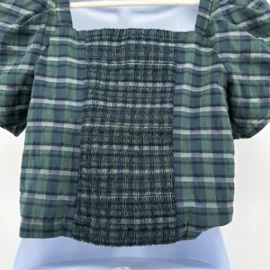 Madewell Hopewell Plaid Puff Sleeve Crop Top Smocked Square Neck Blouse Forest M thumbnail 4