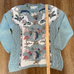 VTG 80s Extra Shenanigans Hand Knit Floral Sweater Blue Cottagecore Ramie sz 24‎ thumbnail 2