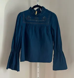Free People Another Eternity Navy Blouse w Embroidered Crochet Details Size XS thumbnail 1