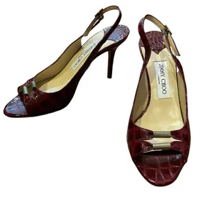 Jimmy Choo Trellis Bordeaux Croc Patent Leather Slingback Heels Women Size 37.5 thumbnail 1
