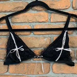 Frederick's of Hollywood Women's Lace Tie Front Open Cup Bralette Black - Size M thumbnail 1