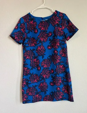J. Crew Blue Mini Dress with Pink Floral Pattern thumbnail 1