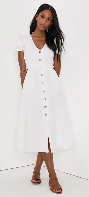 NWT Lulus Sicily Sweetheart White Button-Front Puff Sleeve Midi Dress Size S thumbnail 1