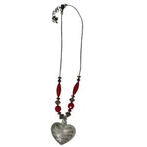Artisan Glass‎ Heart Pendant Necklace Red Beaded Gold Tone Swirl Romantic Boho thumbnail 3