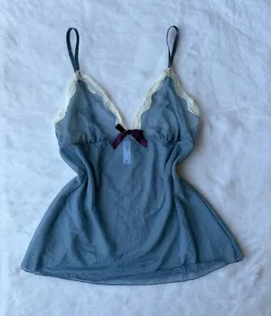 Y2K Blue Lace Bow Cami Sheer Polka Dot Coquette Lingerie Tank Top thumbnail 1
