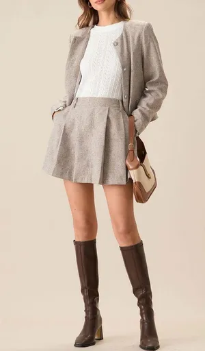 Rihoas Round Neck Khaki Single-Breasted Jacket & Pocket Pleated Mini Skirt thumbnail 2