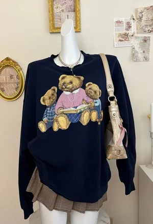 Vintage Teddy Bear Sweatshirt Navy Blue Embroidered Bears thumbnail 1