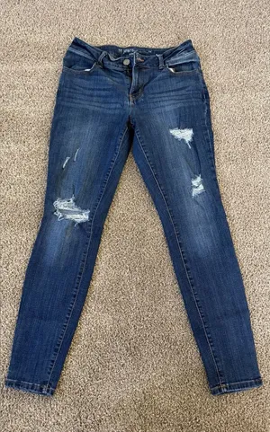 Maurices Dark Blue Distressed Skinny Jeans thumbnail 1