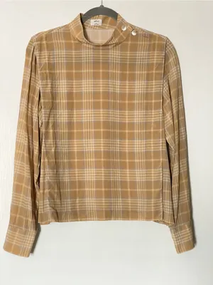 Wilfred Aritzia Henrietta Plaid Mock Neck Blouse Tan Brown thumbnail 2